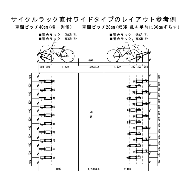 サイクルラック（前輪差し込み式ラック）直付ワイドタイプ配置図画像
